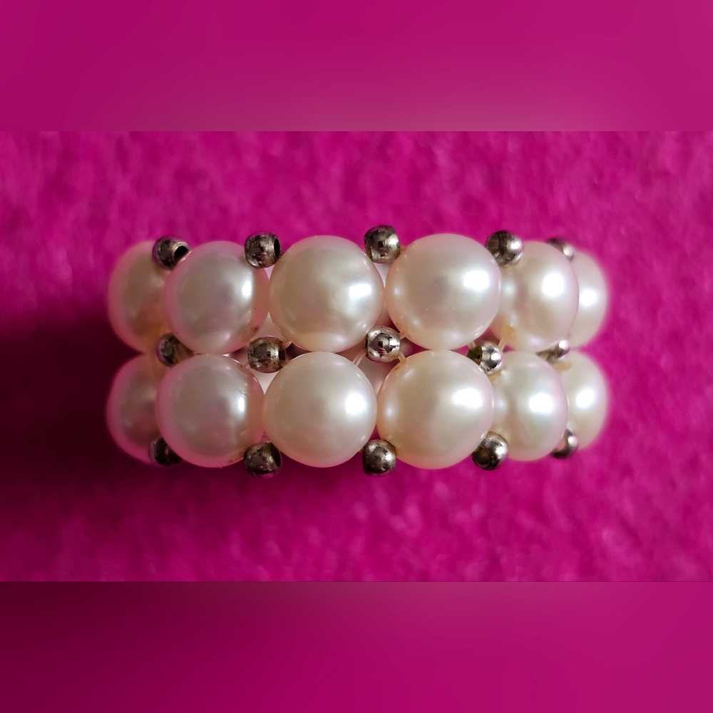 Lee Sands Pearl and Silver Beaded  Ring-Size 7